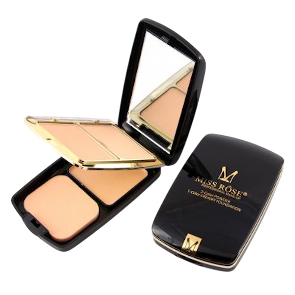 Polvo compactobicolor 2 en 1 Miss Rose estuche negro con dorado
