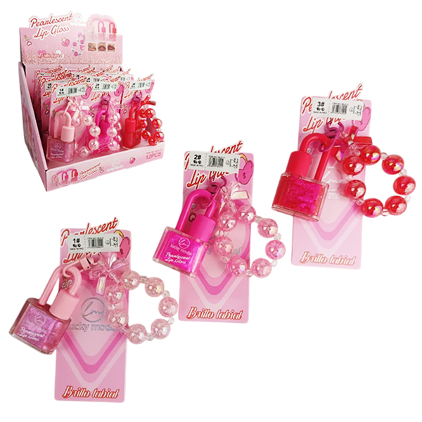 Brillo de labios perlado con presentación de llavero en forma de candado de Lucky Model